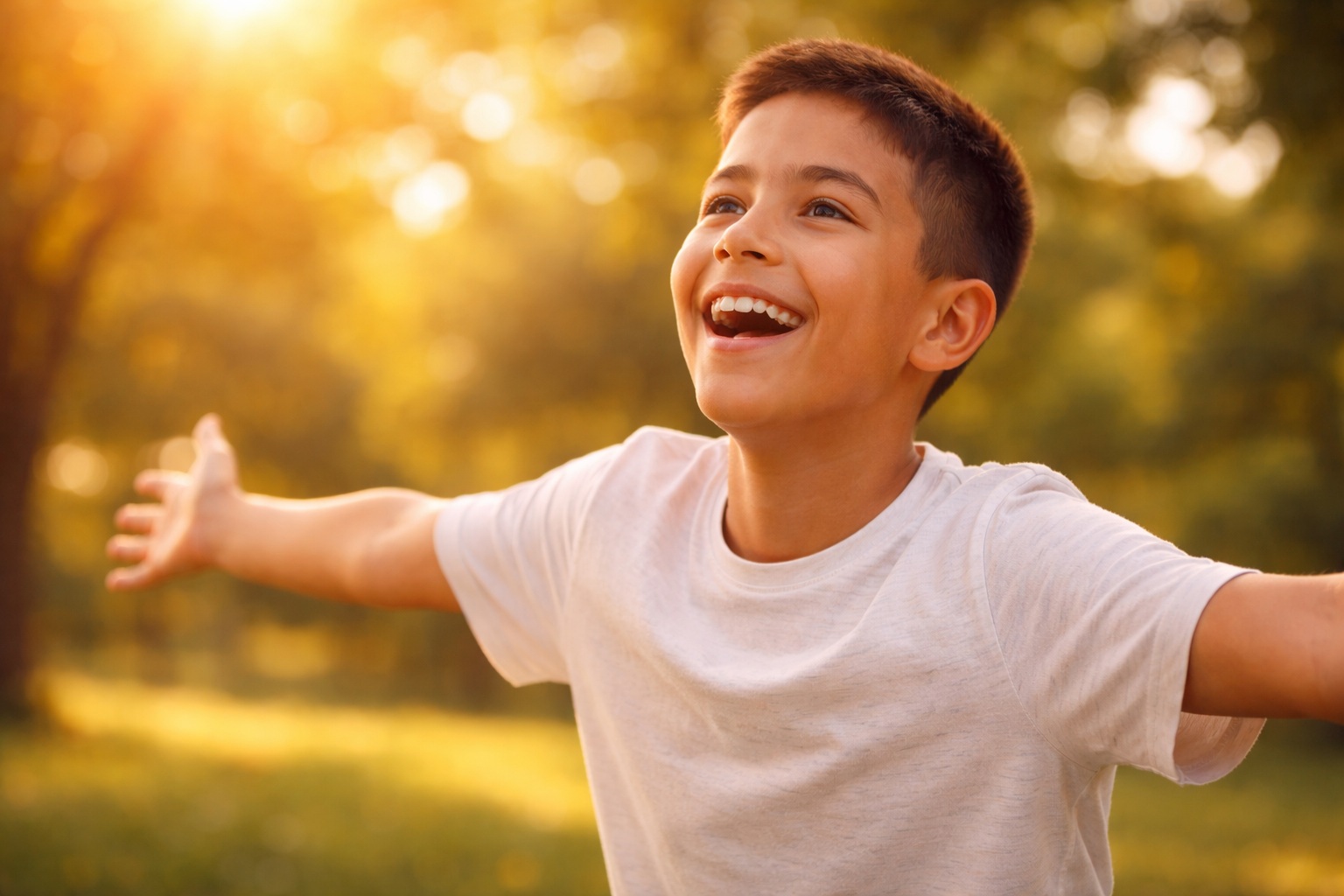 Niño feliz en un campo soleado, hora dorada, sensación de libertad y esperanza